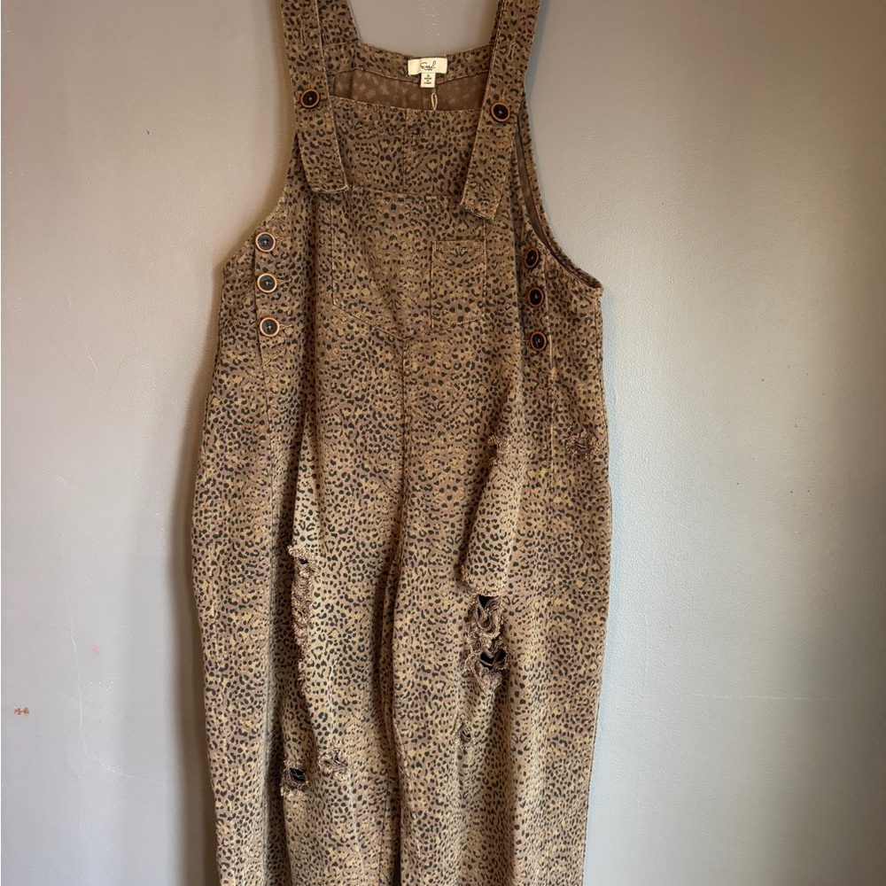 Easel Leopard Print Distressed Overalls